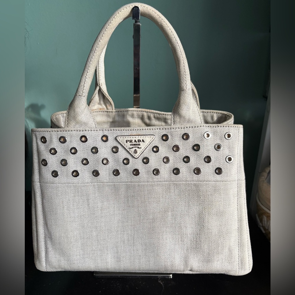 Prada Grommet Denim and Leather Canapa Tote Bag